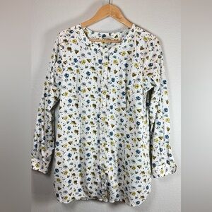 Duluth Trading Co. Wrinklefighter Tunic Floral Novelty Print Pockets Button Up L